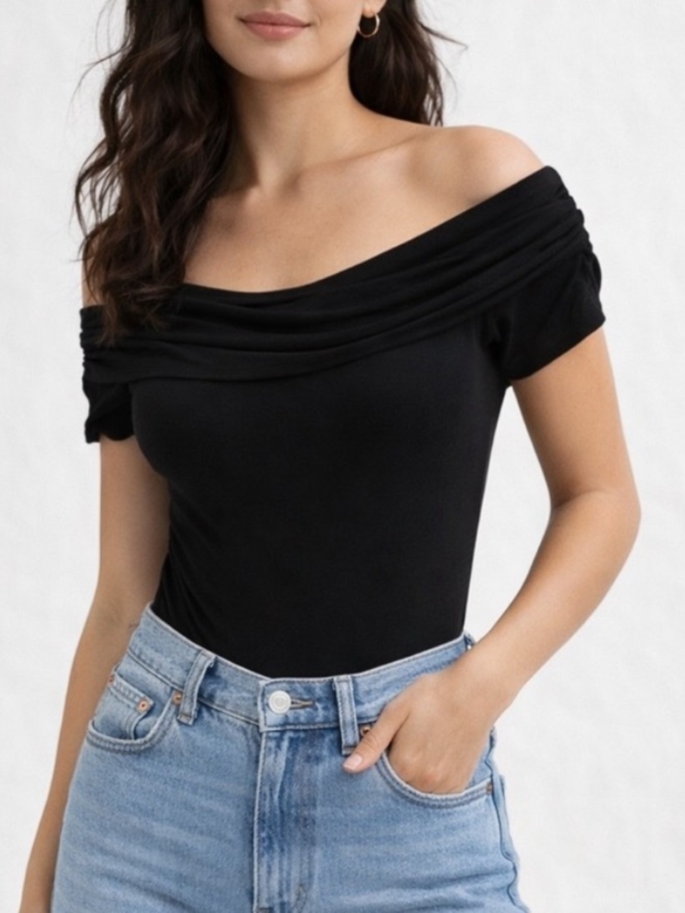 Dynamite Black Off-the-Shoulder Draped Bodysuit with hidden sleeve